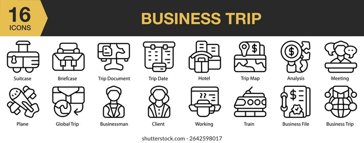 Business Trip icon set. Includes trip, travel, business, journey, transportation, airport, and More. Outline icons vector collection.