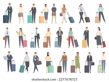 Business trip icons set cartoon vector. Travel airport. Man baggage