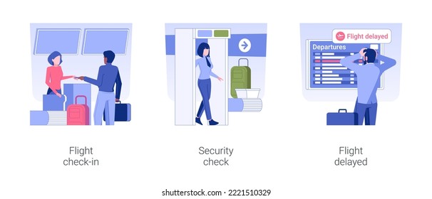 Business trip isolated concept vector illustration set. Flight check-in, security check, flight delayed, timetable information, business class travel, departure hall vector cartoon.