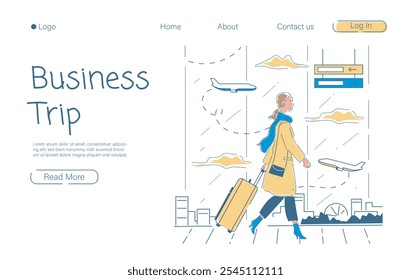 Business trip poster. Woman with suitcase walks through airport. Travel and tourism. Holiday and vacation. Landing webpage design. Linear vector illustration isolated on white background