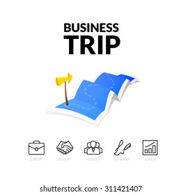 Business Trip Tour Concept Logo, Long Route In Travel Map With Guide Marker, Vector Illustration