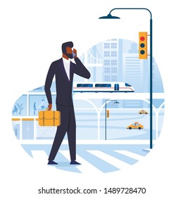 Business Trip, Tourism Flat Vector Illustration. Young Businessman, Entrepreneur with Briefcase Cartoon Character. Busy Man Talking on Phone, Discussing Corporate Matters. City Travel, Vacation