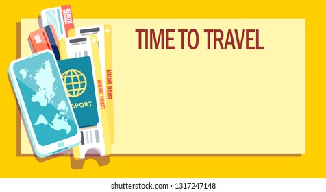 Business trip or vacation concept. Vector banner with passport, tickets, smartphone, credit card and insurance card  