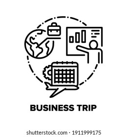 Business Trip Vector Icon Konzept. Geschäftsreisen auf internationaler Konferenz oder Treffen mit Partnern, Finanzpräsentation und Ergebnisberichterstattung für ausländische Investoren, schwarze Illustration