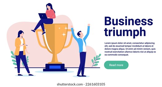 Triunfo de los negocios - Los empresarios trabajan y celebran el triunfo y los logros con una gran copa de trofeo. Ilustración vectorial de diseño plano con espacio de copia para el fondo de texto y blanco