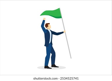 Ilustración vectorial de triunfo empresarial Hombre de negocios que levanta la bandera que anima con la mano en el aire en el fondo blanco. Ganador y concepto de éxito.