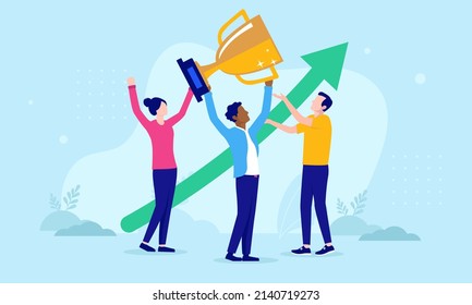 Business triumph vector illustration with casual people holding trophy cup in front of green arrow pointing up towards growth