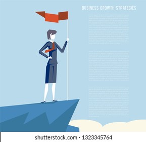 Business triumph woman top flag point goal achievement businesswoman character symbol clouds mountain background female business concept flat design vector illustration