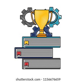 business trophy gears team on stack books color drawing