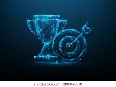 business trophy low poly wireframe. reward winner cup consisting of points, lines, and triangle. isolated on blue dark background. Business goal to success. forgot target and bullseye.
