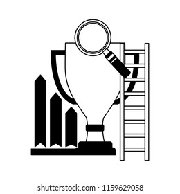 business trophy magnifying glass stairs chart