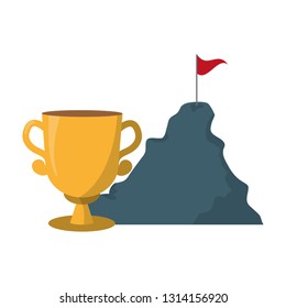 business trophy and mountain with flag