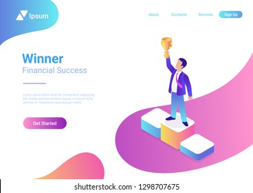 Business trophy rating award winner concept vector flat 3d web isometric infographic. Businessman on first place pedestal rising hand with gold cup.