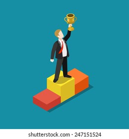 Business trophy rating award winner concept flat 3d web isometric infographic vector. Businessman on first place pedestal rising hand with gold cup. Creative people collection.