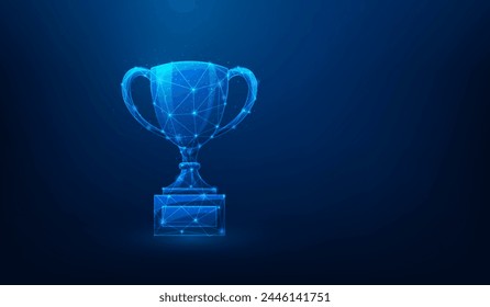 business trophy success low poly wireframe on blue background. championship and achievement concept. vector illustration fantastic digital design.