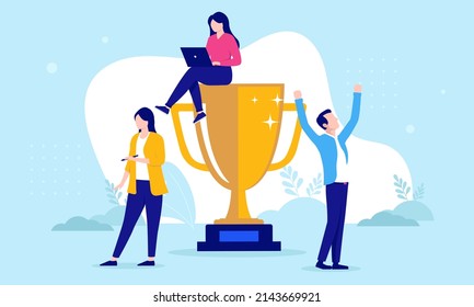 Business trophy - Team of successful people celebrating achievement and winning. Flat design vector illustration with blue background