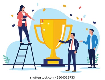 Business trophy winners people - Group of champions businesspeople celebrating big golden 1st prize cup for being a great team performing their best. Flat design vector illustration graphic