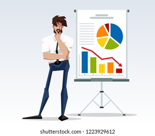 Business trouble concept: Concerned businessman is looking flip chart and thinking over the problem of business. Flat editable illustration come up with a solution. brainstorm business concept