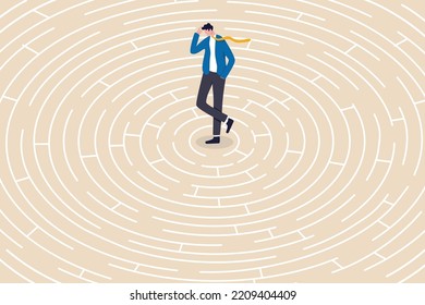 Business trouble, difficulty or challenge, solving hard or complex problem, finding solution, lost or struggle, finding way out concept, frustrated businessman in difficult and complex labyrinth.