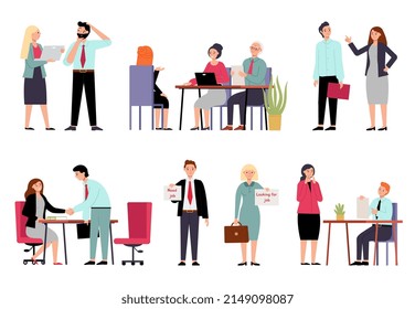 Business trouble. Office people and problems, job interview. Hr management characters, leadership and employee. Unemployed decent vector set