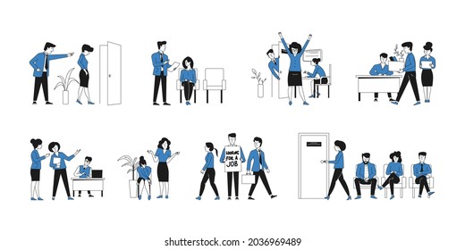 Business troubles. Male employee, problem with work. Nervous people look for job or interview, annoyed emotions or hr mistake recent vector scenes