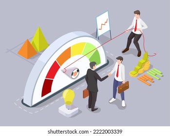 Business trust level vector. Business partner handshaking, assistant moving gauge knob button to maximum position illustration. Increasing confidence degree and partnership concept