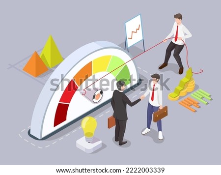 Business trust level vector. Business partner handshaking, assistant moving gauge knob button to maximum position illustration. Increasing confidence degree and partnership concept