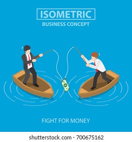 Business trying to get dollar bill by fishing rod. Business Competition Concept.