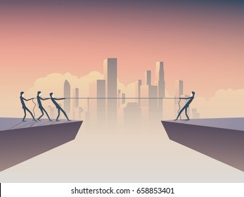 Business tug of war concept vector illustration with one businessman against many with corporate background skyline, cityscape. Symbol of leadership, individual strength, power and superiority. Eps10