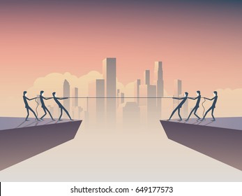 Business tug of war vector symbol with businessman pulling rope as a symbol of business competition. Corporate skyline, cityscape background. Eps10 vector illustration.