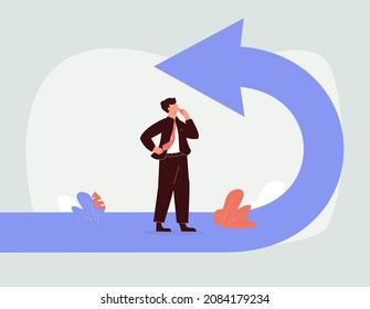 Business turning point, break event or change direction, reverse back, interest rate or financial trend change concept, frustrated businessman investor looking at his reverse direction pathway.