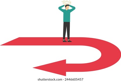 Business turning point, break event or change direction, reverse back, interest rate or financial trend change concept, frustrated businessman investor looking at his reverse direction pathway.

