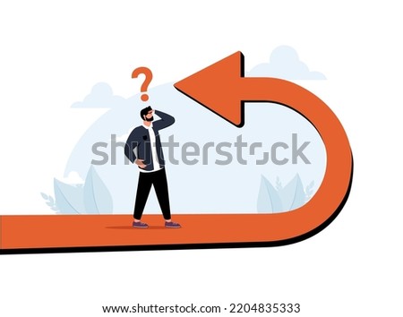 Business turning point, break event or change direction, reverse back, interest rate or financial trend change concept, frustrated businessman investor looking at his reverse direction pathway.