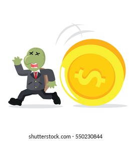 business turtle running from giant coin