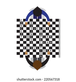 Business. Two men at a chess table and words for business