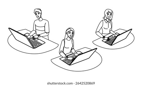 business typing on keyboard vector. computer work, notebook pc, internet professial business typing on keyboard character. people black line pencil drawing illustration