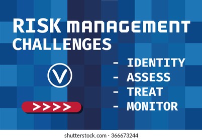 Business Typography Concept Risk Management Challenges Identity, Assess, Treat, Monitor.  Geometrical Background of flat color. Template for poster, banner, flyer, web design. Vector illustration