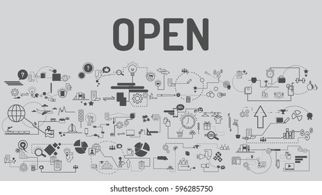 Business typography open with modern text, good Idea and Concept Vector illustration Infographic template with icon.