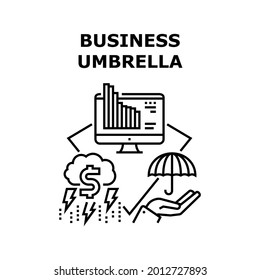 Business Umbrella Protect Vector Icon Concept. Business Umbrella Protect Accessory For Safe Company In Financial Storm Weather. Falling Finance Profit And Bankruptcy Prevention Black Illustration