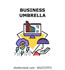 Concepto de icono de vectores de protección de paraguas empresariales. El Paraguas Empresarial Protege Los Accesorios Para Una Compañía Segura En El Clima De Tormenta Financiera. Reducción De Los Beneficios Financieros Y Prevención De Bancarrotas Ilustración De Color