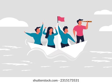 Business under the leadership of the leader. A man leads his team to success. People in a paper boat follow their leader. The concept of success and company strategy. Vector illustration
