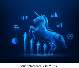 emprendimiento de unicornio y crecimiento de gráfico de flecha. logro éxito estructura de alambre de bajo poli. idea creativa y empresa de innovación. concepto de capital de riesgo para la riqueza. Ilustración vectorial.