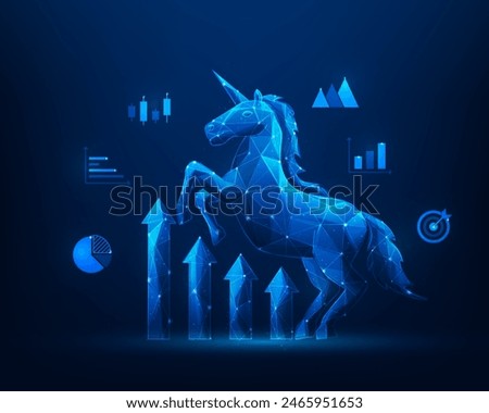 business unicorn startup and arrow graph growth. achievement success low poly wireframe. creative idea and innovation company. concept of venture capital to wealth. vector illustration.