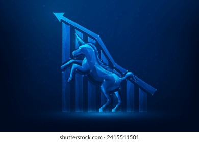 business unicorn startup to success technology on blue background. business achievement low poly wireframe. creative idea and innovation company. venture capital to wealth. vector illustration.