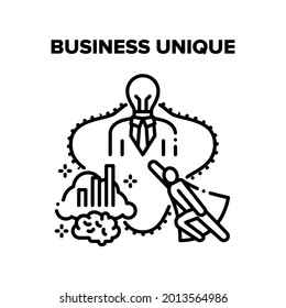 Concepto de icono de vectores de ideas de éxito único de negocios. Empresario Con Noción Única De Ocupación Y Nuevas Empresas, Analizando El Riesgo Financiero Y La Estrategia De Planificación. Emprendedor Job Black Illustration