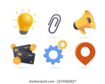 Business universal 3D icons set. Lamp, lightbulb, paper clip, gear, loudspeaker, map pin. Modern 3d render vector icon set isolated on white