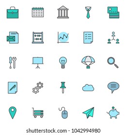 Business universal filled outline icons set, line vector symbol collection, linear colorful pictogram pack. Signs, logo illustration, Set includes icons as suitcase, wall calendar, bank building