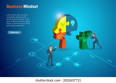 Business unlocked, positive mindset, opening mind and mind set change concept. Businessman connecting jigsaw puzzles missing piece with unlocked key icon in human head. 