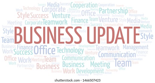 Business Update word cloud. Collage made with text only.