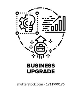 Business Upgrade Vector Icon Konzept. Analyse der Unternehmensstrategie und Recherche über Infografiken, Austausch von Ideen und Upgrades. Schwarze Illustration von Unternehmensinnovation und Update-Software
